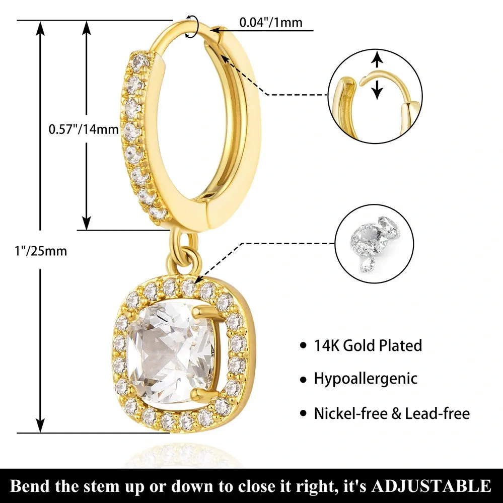 14K Gold Huggies Hoop Dangle Drop Earrings- Square diamond hoop