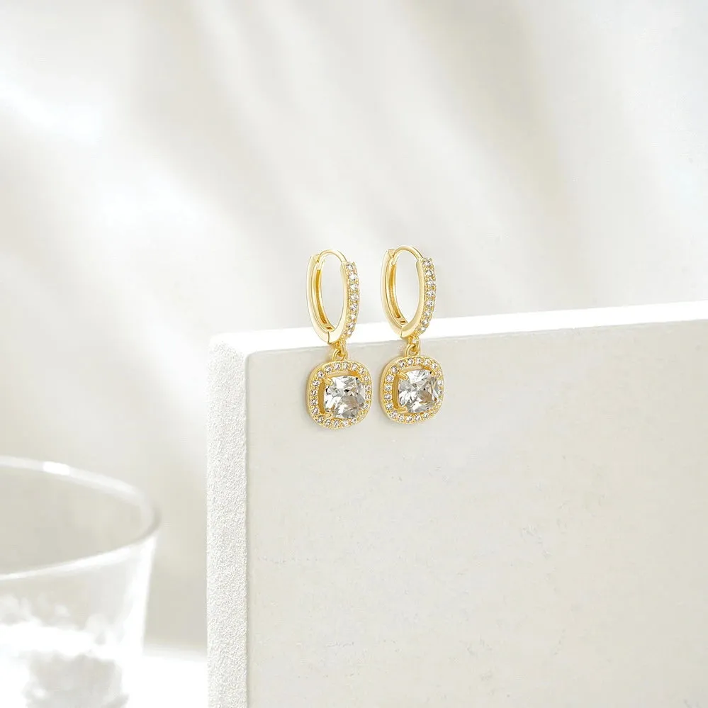 14K Gold Huggies Hoop Dangle Drop Earrings- Square diamond hoop