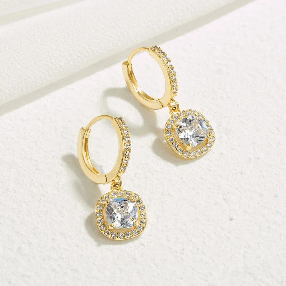 14K Gold Huggies Hoop Dangle Drop Earrings- Square diamond hoop