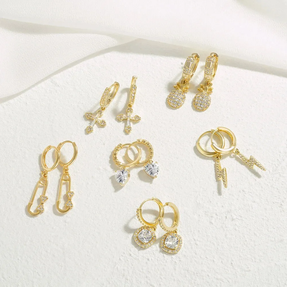 14K Gold Huggies Hoop Dangle Drop Earrings- Square diamond hoop