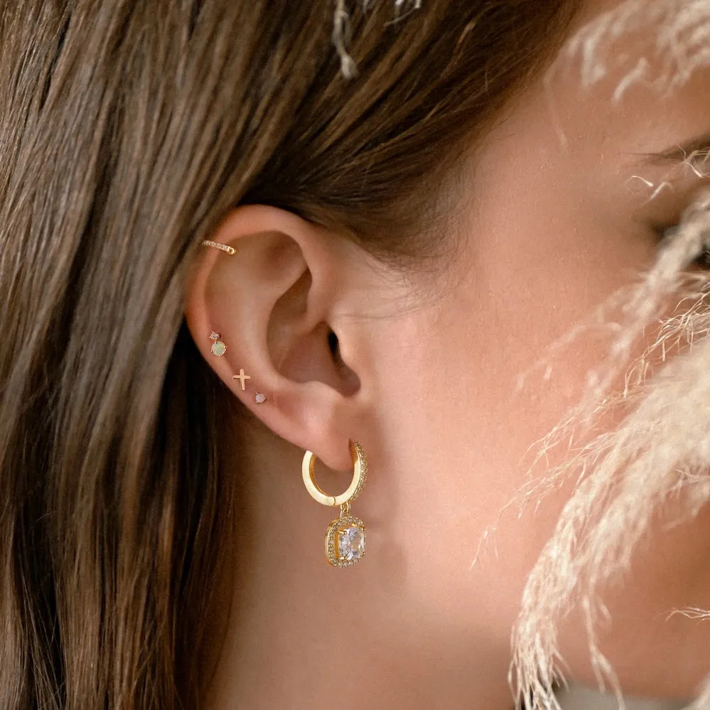 14K Gold Huggies Hoop Dangle Drop Earrings- Square diamond hoop