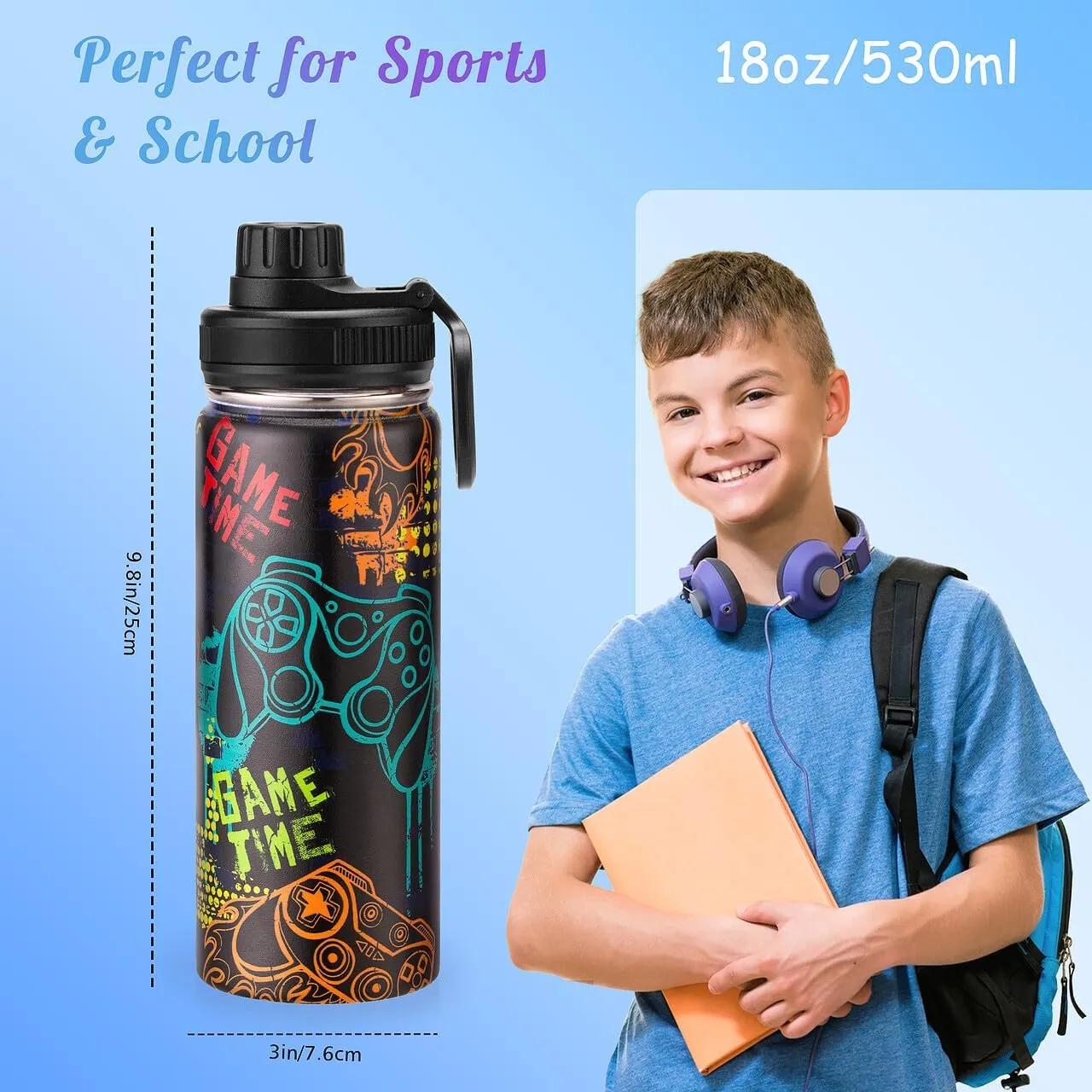 18oz Insulated Water Bottle with Straw Lid & Spout Lid, Game Time, Gift for Kids Boys Girls Student Sports Travel Fitness Hiking Outdoors, Double Wall, Hands Wash Only, Black