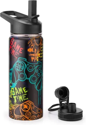 18oz Insulated Water Bottle with Straw Lid & Spout Lid, Game Time, Gift for Kids Boys Girls Student Sports Travel Fitness Hiking Outdoors, Double Wall, Hands Wash Only, Black