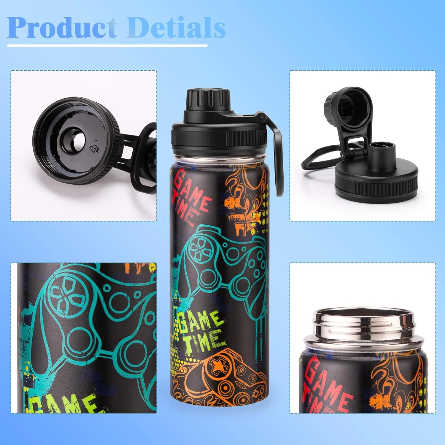18oz Insulated Water Bottle with Straw Lid & Spout Lid, Game Time, Gift for Kids Boys Girls Student Sports Travel Fitness Hiking Outdoors, Double Wall, Hands Wash Only, Black