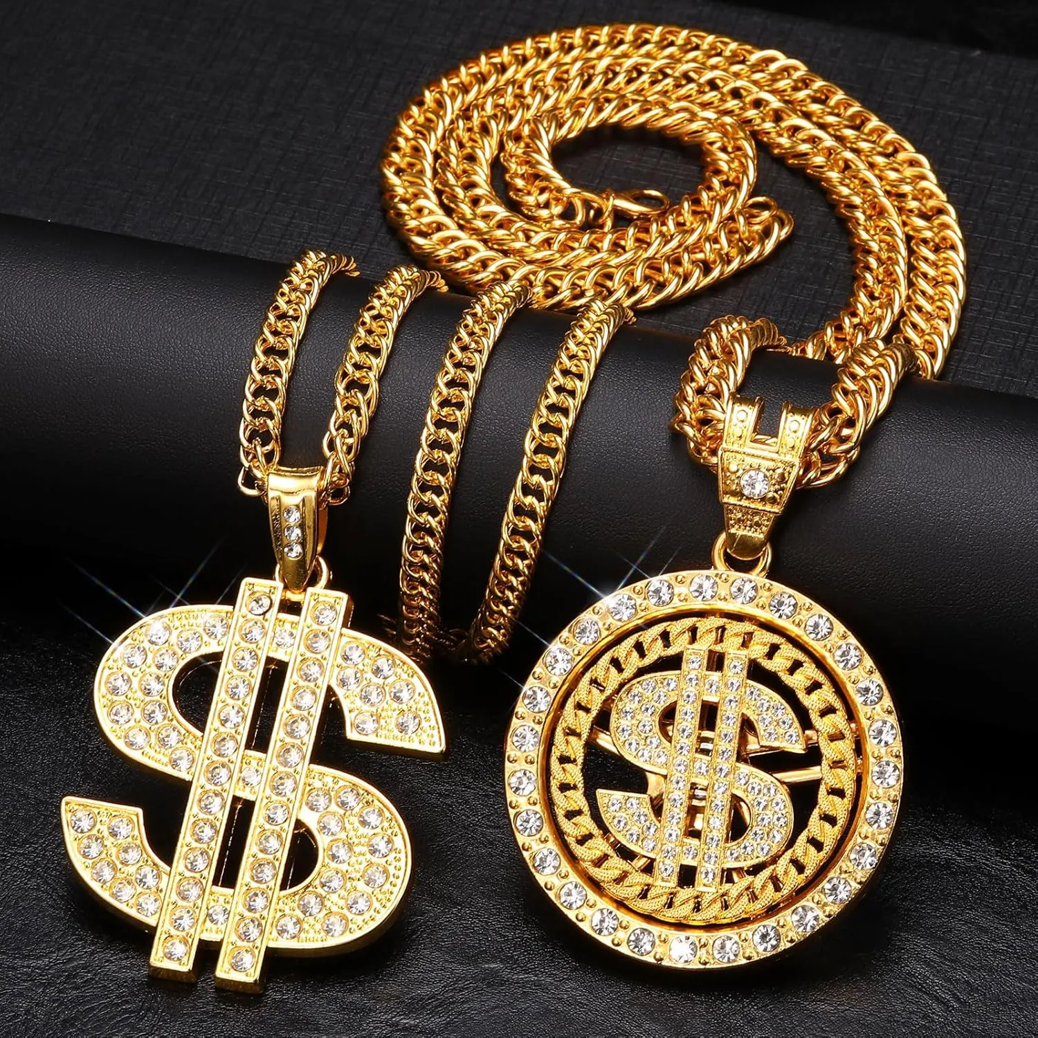 2 Pcs Cuban Link Gold Chain Necklace Set, 80s 90s Costume Jewelry With Big Fake Gold Chains, Dollar Sign Pendant, Hip Hop Rapper Costume Accessories for Men Women Halloween Party
