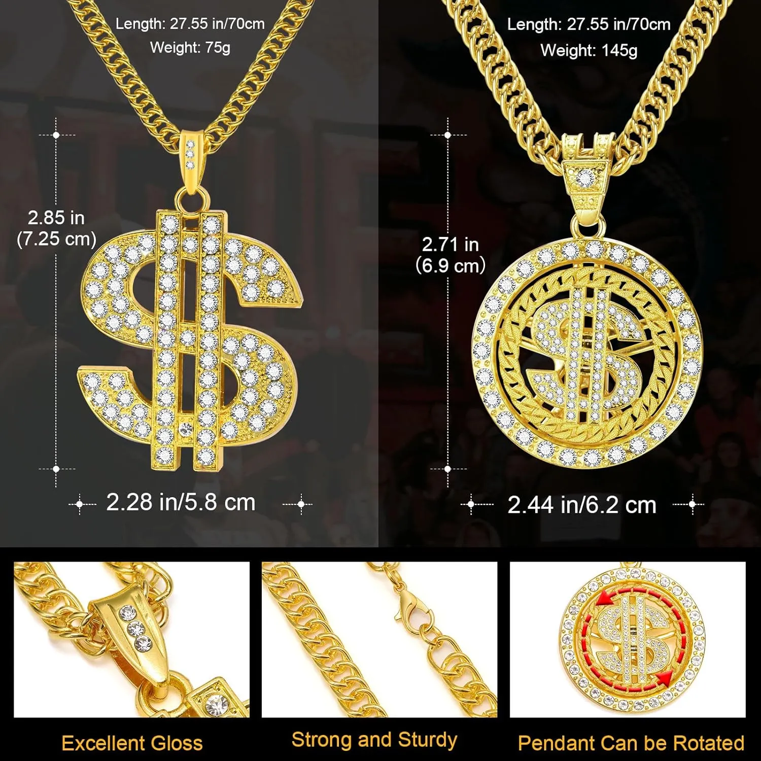 2 Pcs Cuban Link Gold Chain Necklace Set, 80s 90s Costume Jewelry With Big Fake Gold Chains, Dollar Sign Pendant, Hip Hop Rapper Costume Accessories for Men Women Halloween Party