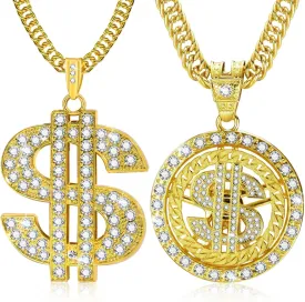 2 Pcs Cuban Link Gold Chain Necklace Set, 80s 90s Costume Jewelry With Big Fake Gold Chains, Dollar Sign Pendant, Hip Hop Rapper Costume Accessories for Men Women Halloween Party
