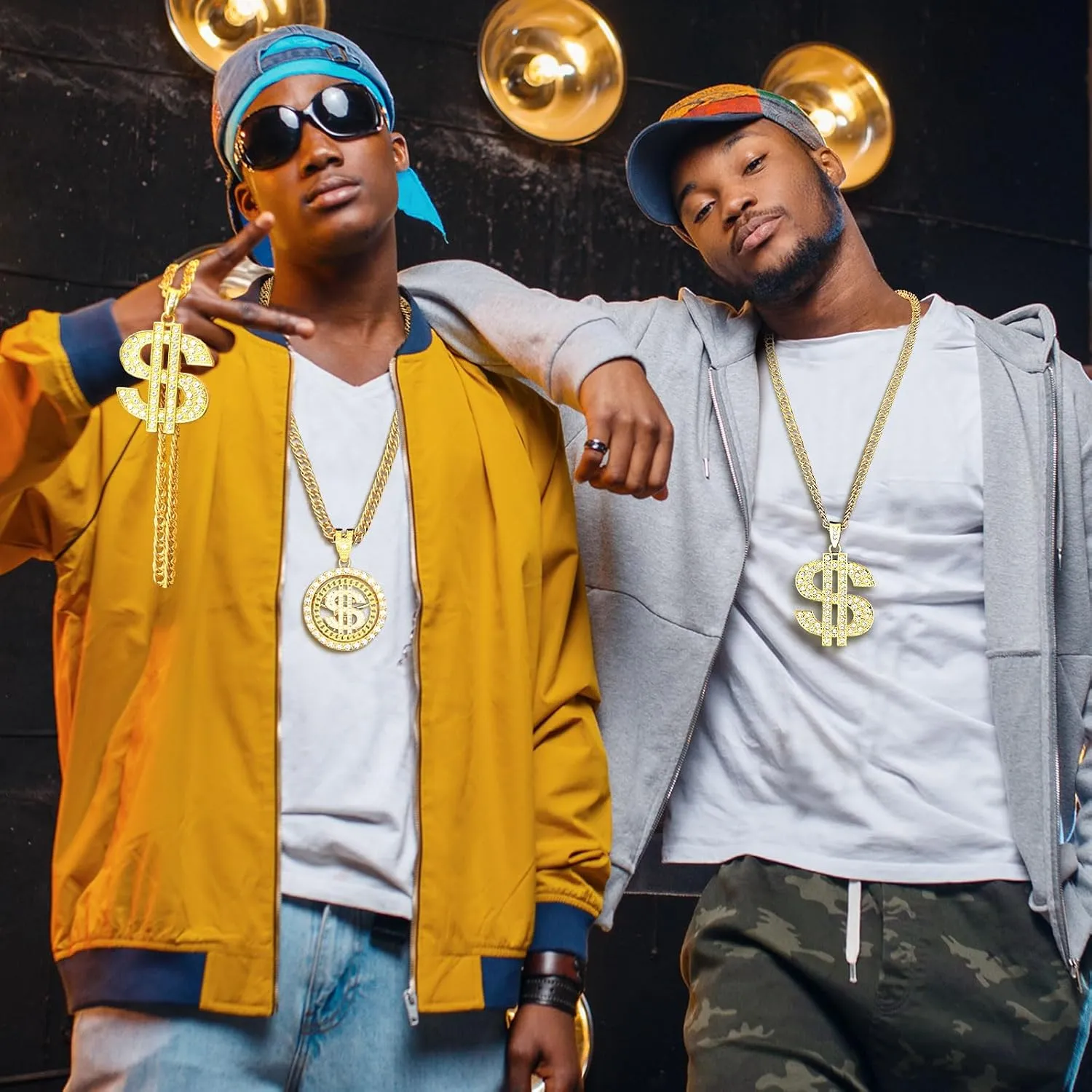 2 Pcs Cuban Link Gold Chain Necklace Set, 80s 90s Costume Jewelry With Big Fake Gold Chains, Dollar Sign Pendant, Hip Hop Rapper Costume Accessories for Men Women Halloween Party