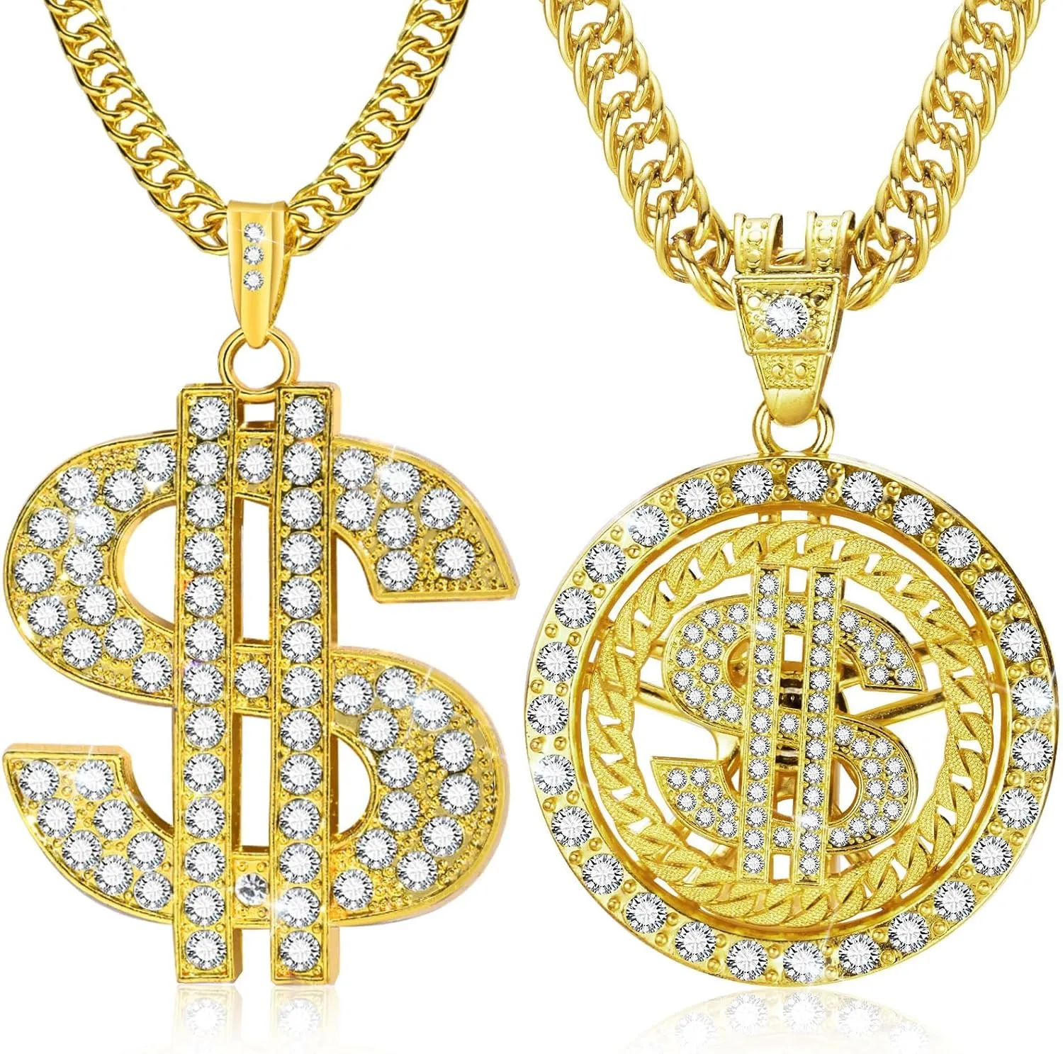 2 Pcs Cuban Link Gold Chain Necklace Set, 80s 90s Costume Jewelry With Big Fake Gold Chains, Dollar Sign Pendant, Hip Hop Rapper Costume Accessories for Men Women Halloween Party
