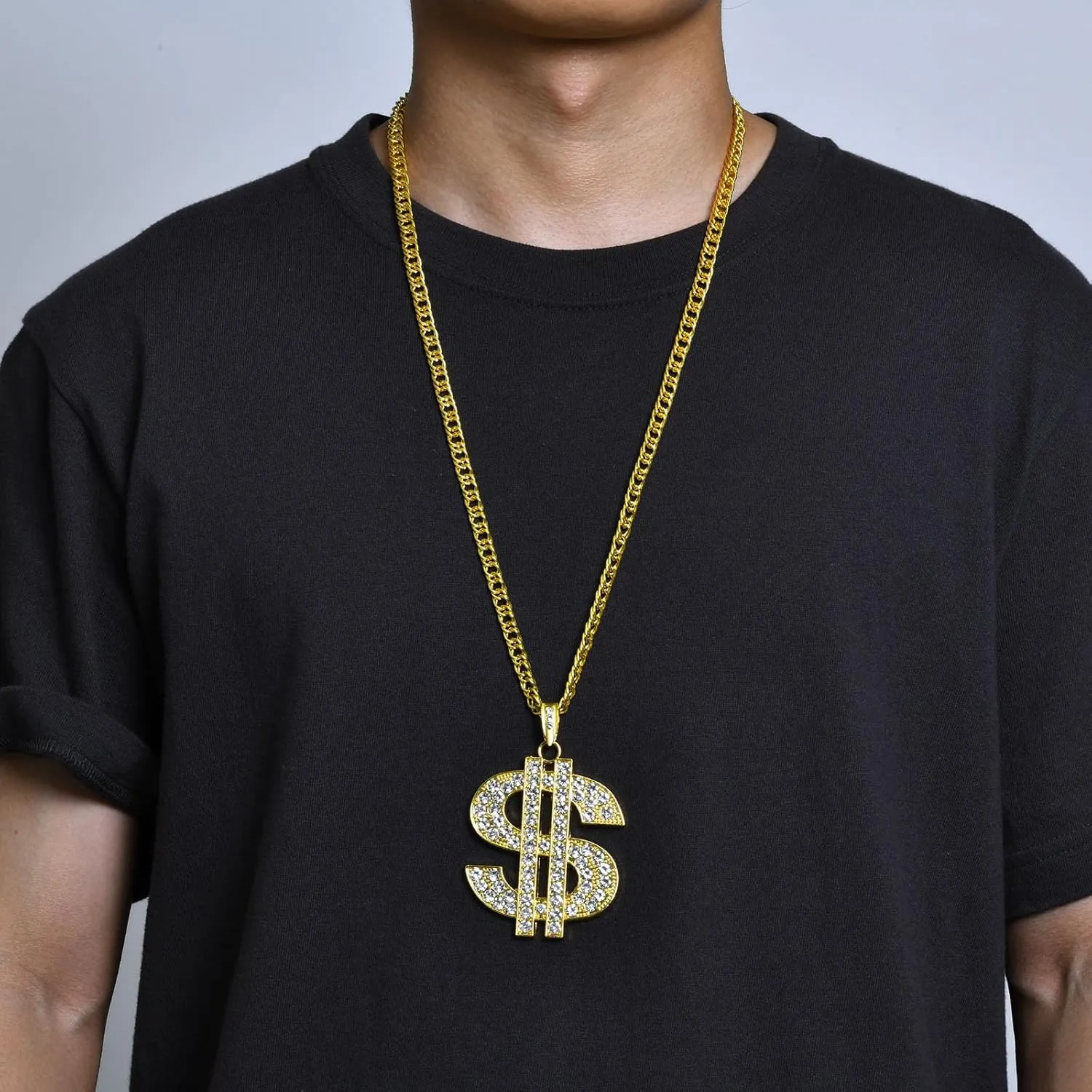 2 Pcs Cuban Link Gold Chain Necklace Set, 80s 90s Costume Jewelry With Big Fake Gold Chains, Dollar Sign Pendant, Hip Hop Rapper Costume Accessories for Men Women Halloween Party