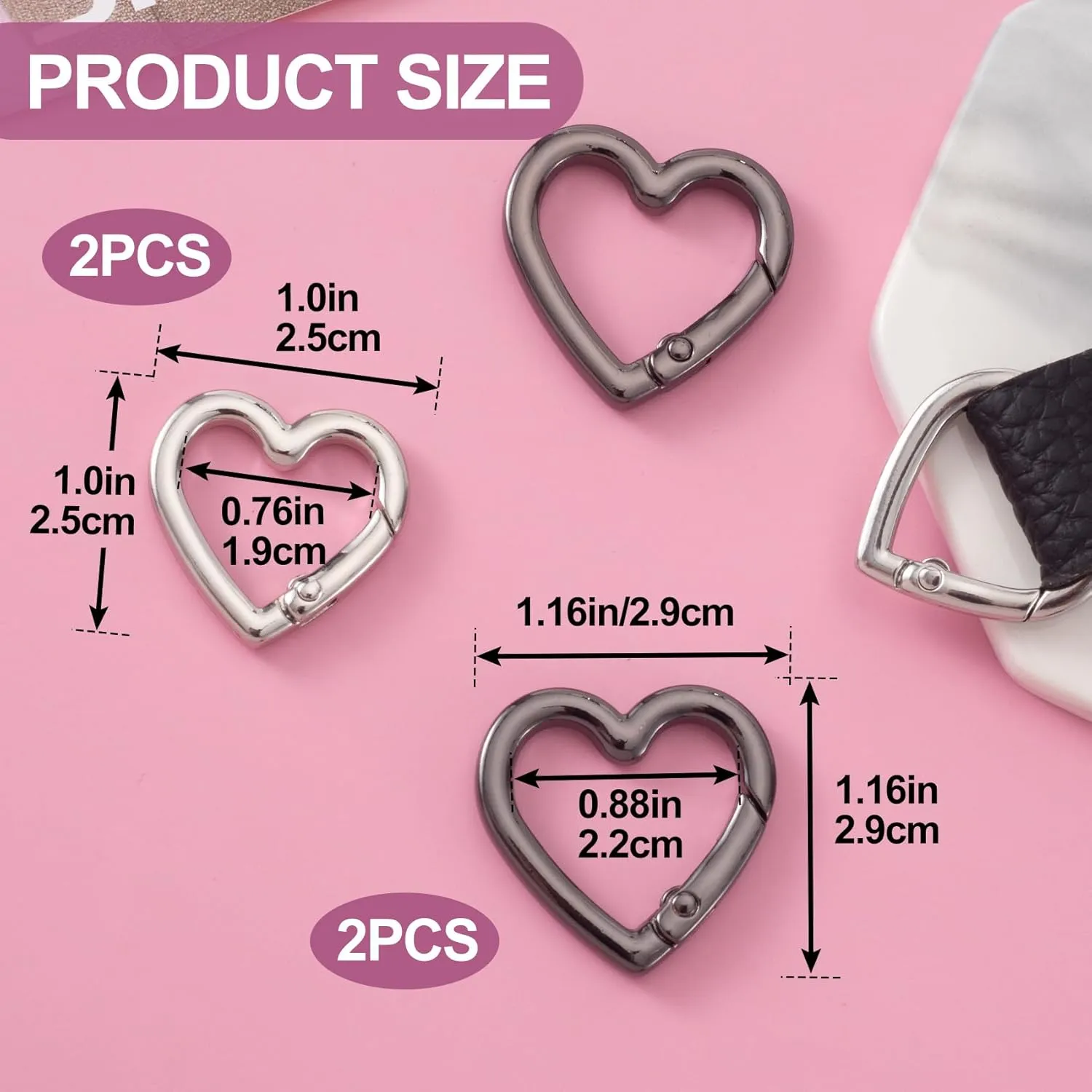 4pcs Heart Shaped Keychain Clip, Zinc Alloy Heavy Duty Heart Carabiner, Spring Snap Clasp Hook for Camping Hiking Fishing Traveling