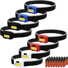 8 Pack Led Headlamp for Adults and Kids, 1.1oz/31g COB Flood Light Ultra Bright Head Lamp with 3 Modes 24 AAA Batteries, Waterproof Work Flashlight for Family Camping Running Reading Hiking