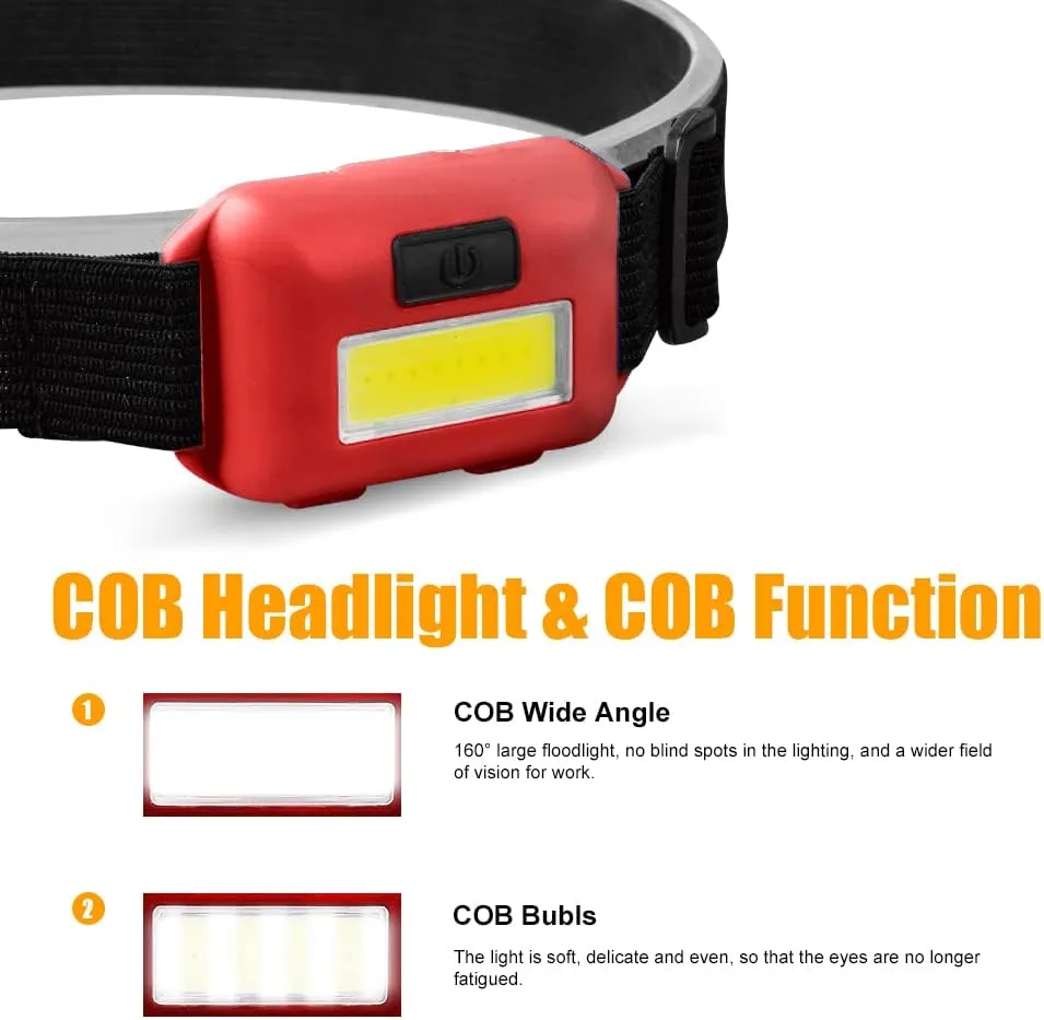 8 Pack Led Headlamp for Adults and Kids, 1.1oz/31g COB Flood Light Ultra Bright Head Lamp with 3 Modes 24 AAA Batteries, Waterproof Work Flashlight for Family Camping Running Reading Hiking