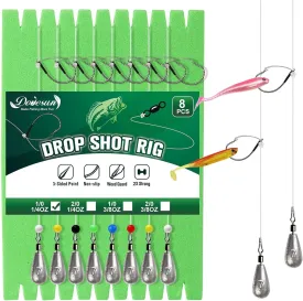 8PCS Ready Tied Drop Shot Rigs for Bass Fishing Drop Shot Hooks Fishing Rig with Drop Shot Weights 1/4OZ 3/8OZ Swivel Fluorocarbon Fishing Line Weedless Hooks 1/0 2/0