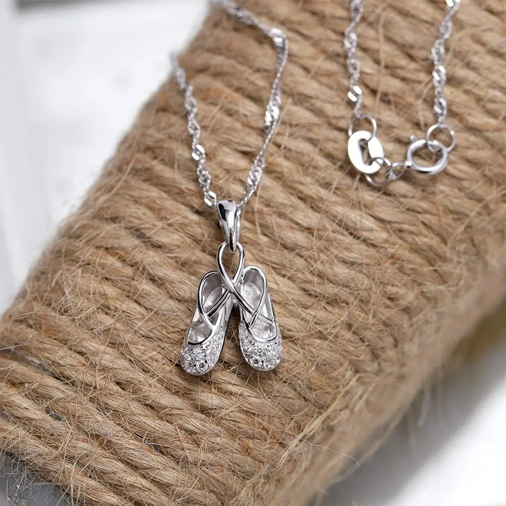 925 Sterling Silver Dance Recital Gifts for Girls Ballerina Necklace Jewelry Cubic Zirconia Ballet Slippers Shoes Necklace for Women Teen Little Girl & Dancer 18"
