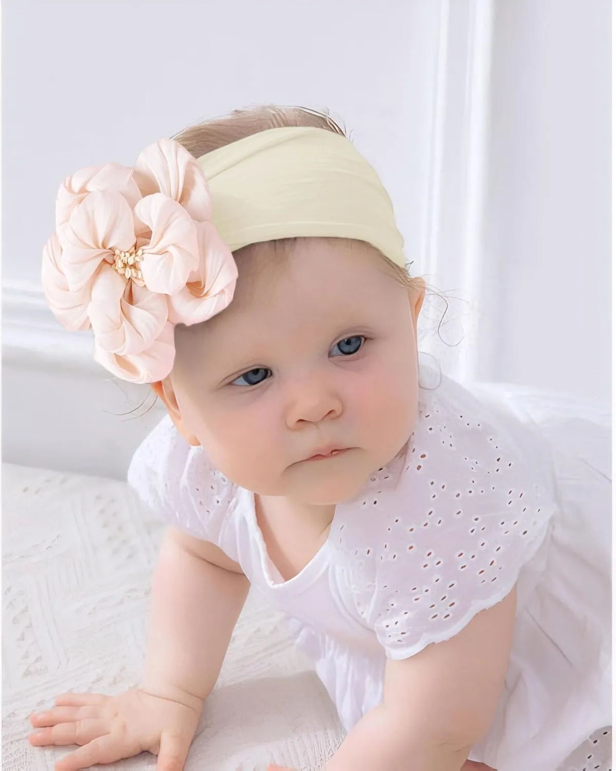 Baby Girl Nylon Flower Headbands, 5 Pack Soft Elastic Hair Bows, Assorted Colors (Off-white, Standard Small)