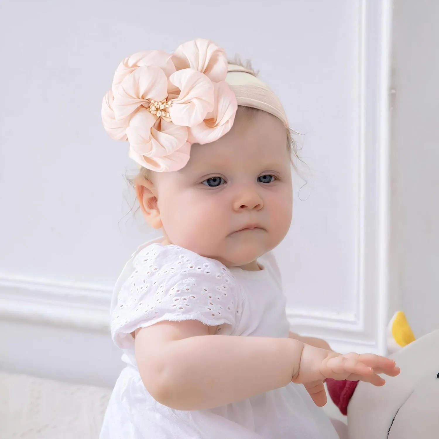 Baby Girl Nylon Flower Headbands, 5 Pack Soft Elastic Hair Bows, Assorted Colors (Off-white, Standard Small)