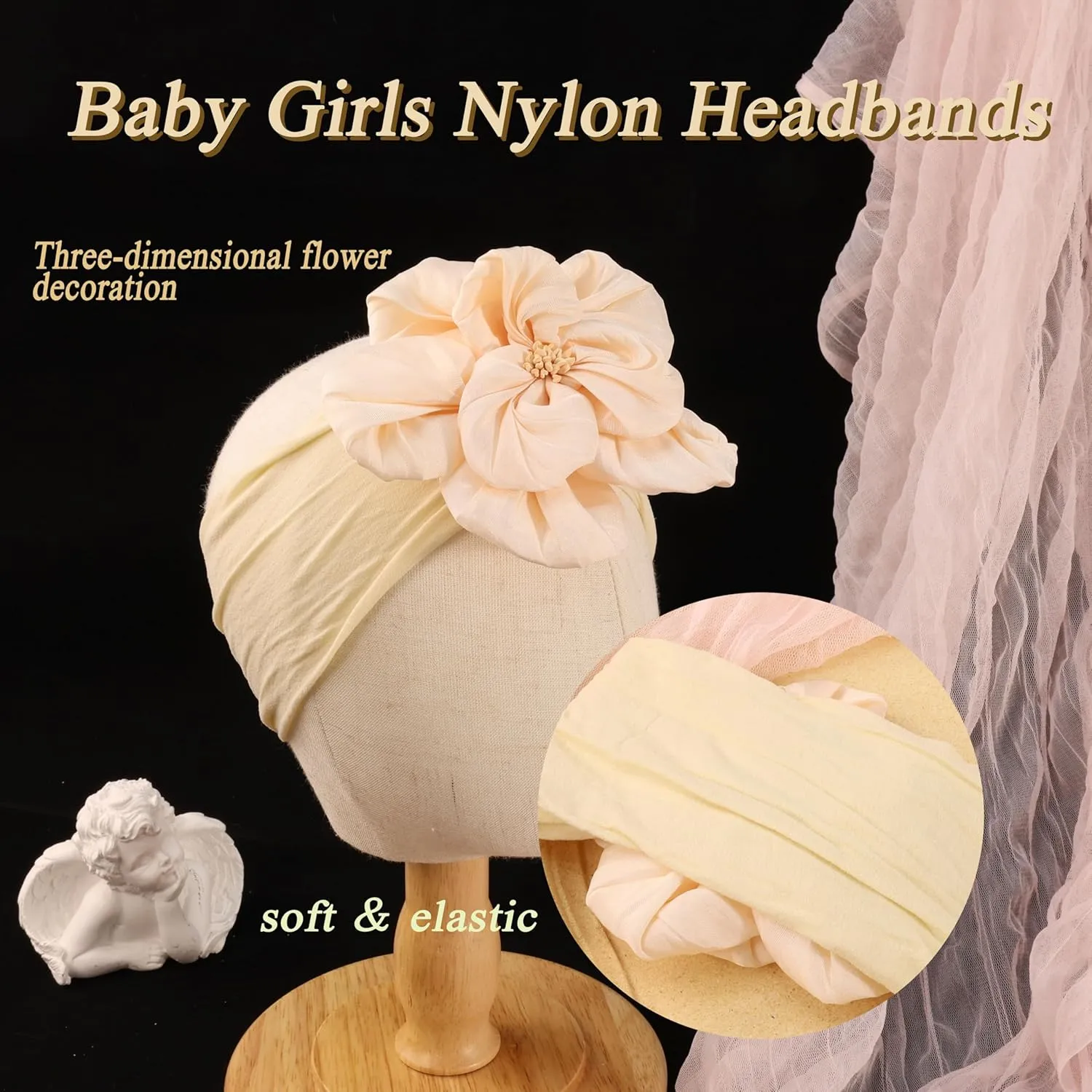 Baby Girl Nylon Flower Headbands, 5 Pack Soft Elastic Hair Bows, Assorted Colors (Off-white, Standard Small)