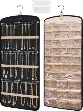 BAGSMART Hanging Jewelry Organizer, Necklace Holder Anti-tangle Earrings Rings Hanger with 20 Jewelry Bags Travel Storage Roll with Pockets Hang on Closet, Wall, Door,1 Piece, Large, Black