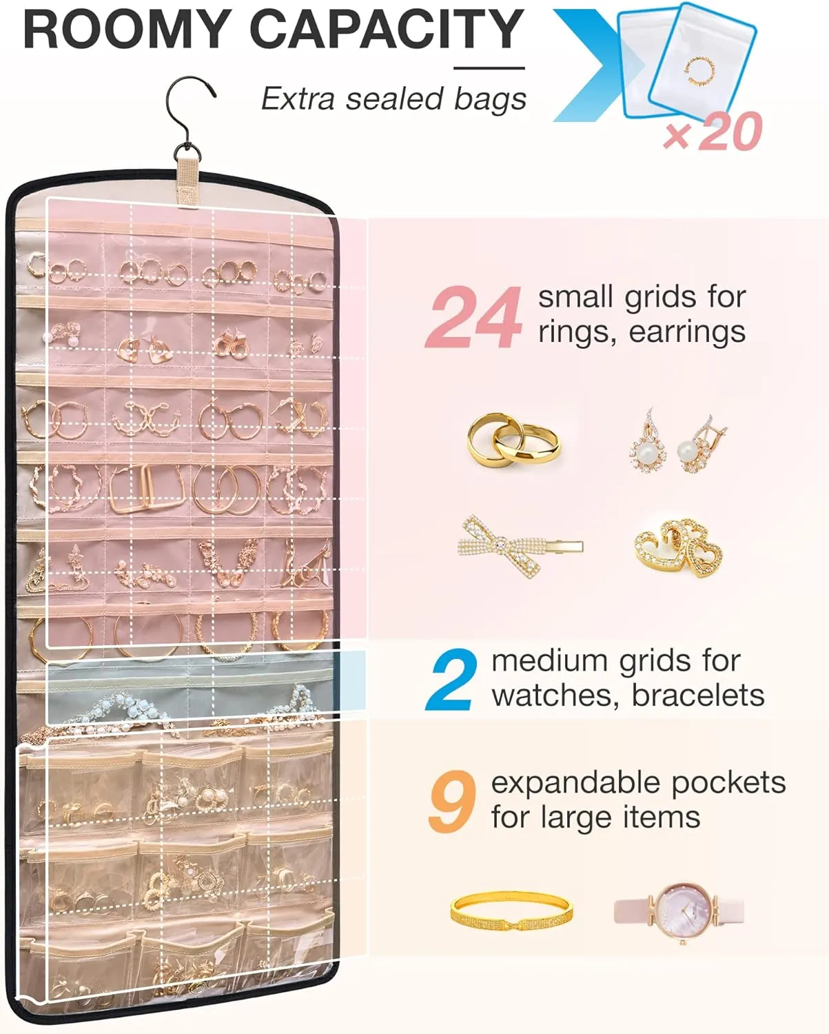 BAGSMART Hanging Jewelry Organizer, Necklace Holder Anti-tangle Earrings Rings Hanger with 20 Jewelry Bags Travel Storage Roll with Pockets Hang on Closet, Wall, Door,1 Piece, Large, Black