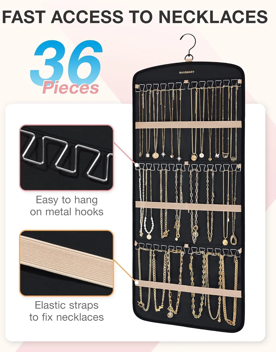 BAGSMART Hanging Jewelry Organizer, Necklace Holder Anti-tangle Earrings Rings Hanger with 20 Jewelry Bags Travel Storage Roll with Pockets Hang on Closet, Wall, Door,1 Piece, Large, Black