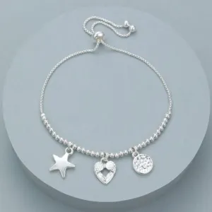 Beaded Cut Out Heart Charm Bracelet - Silver
