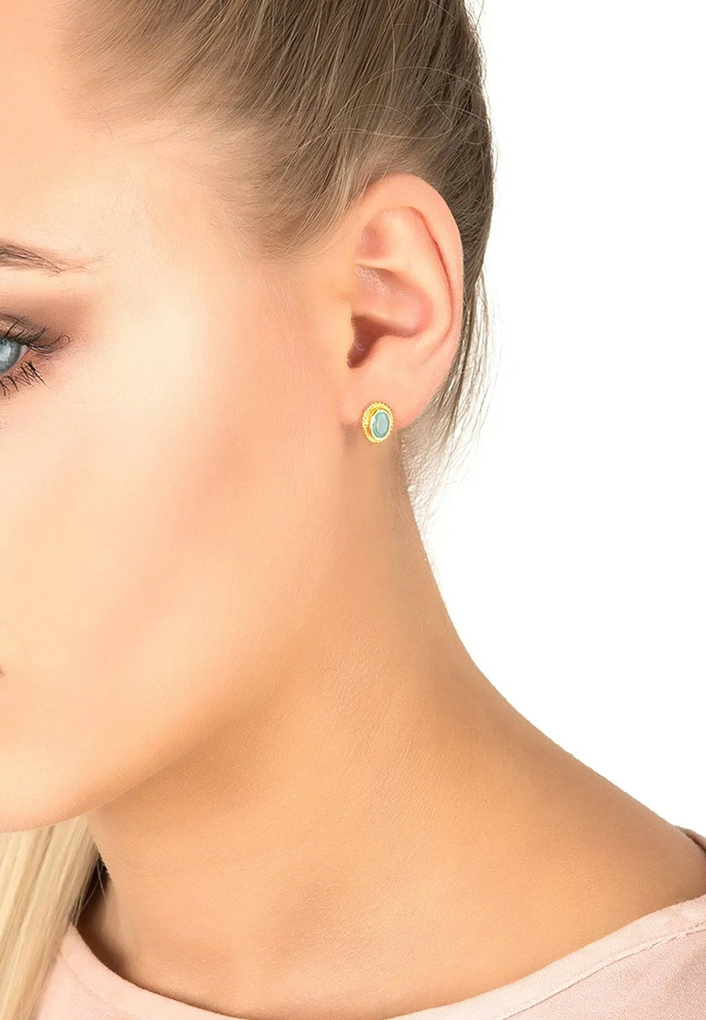Birthstone Gold Gemstone Stud Earring March Aqua Chalcedony