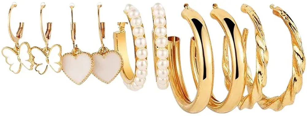 Bohemian Butterfly Pearl Décor Dangle Drop Hoop Earrings Set For Women & Girls Pearl Alloy Hoop Earring - Pair Of 5