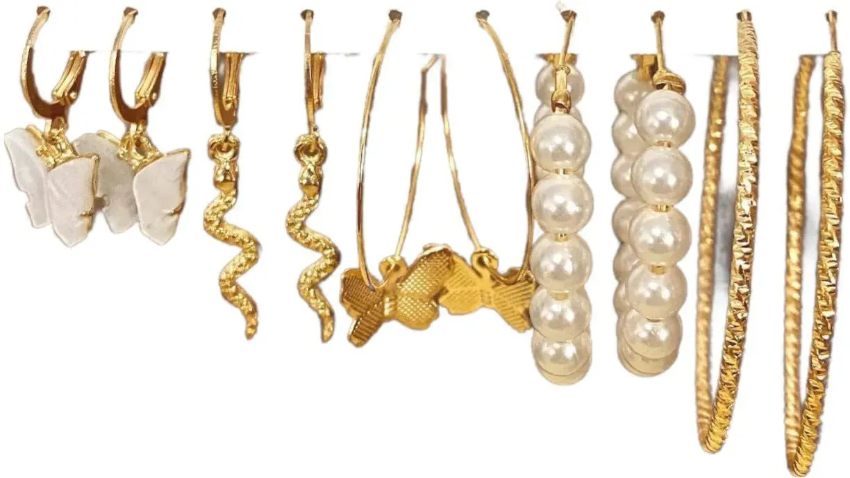 Brass Acrylic Butterfly Snake Pearl Round Earring Set Combo Of 5 Brass Hoop Earring