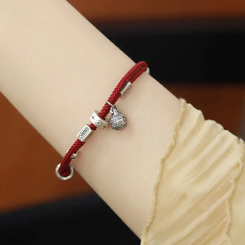 Buddha Stones 925 Sterling Silver Gold Swallowing Beast Koi Fish Wealth Handcrafted Braided Bracelet