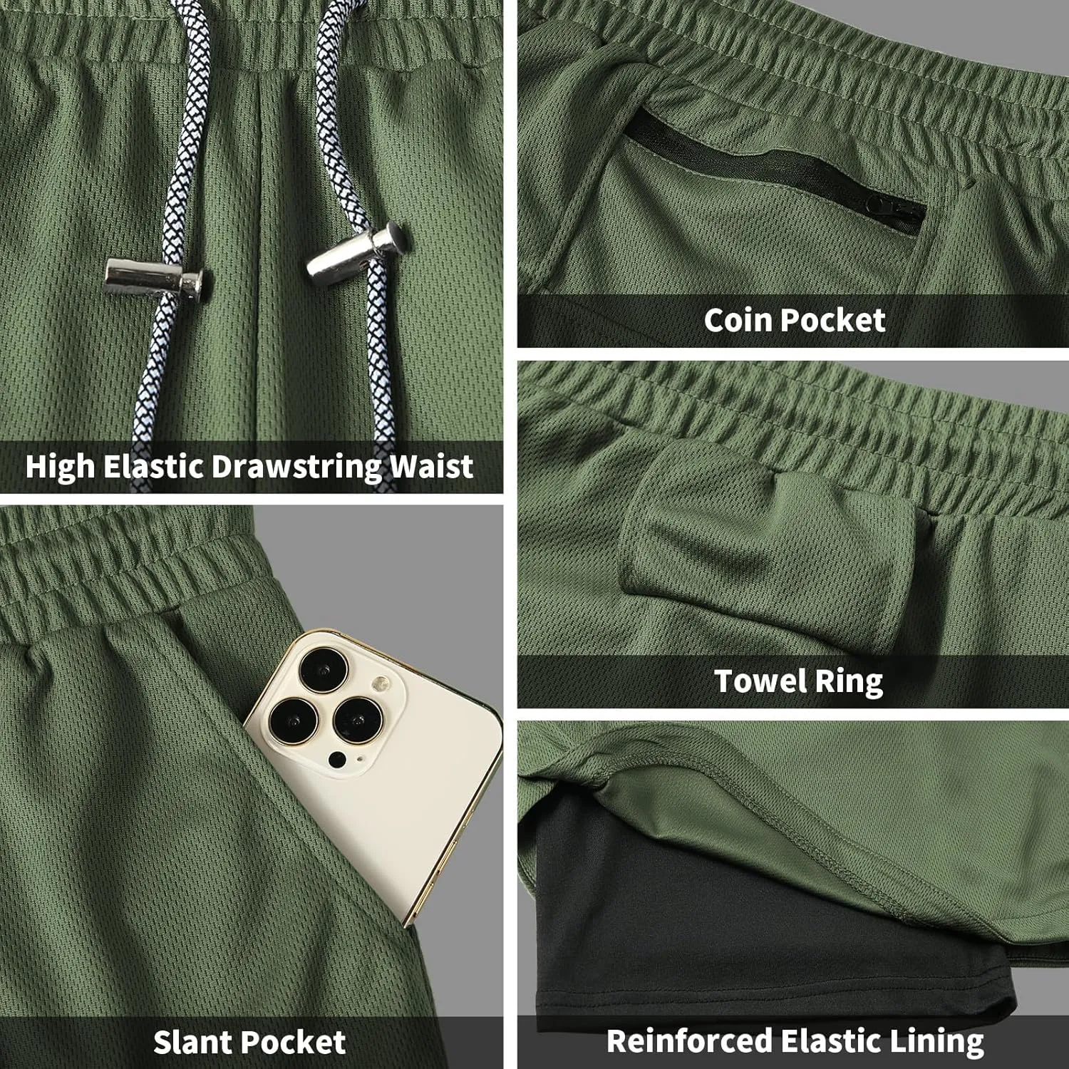 candyfouse Men's 2 in 1 Running Shorts, Quick Dry Workout Shorts with Liner, Athletic Shorts with Zip Pockets and Towel Loop
