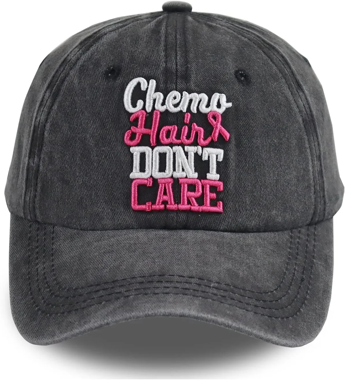 Chemo Hair Don't Care Baseball Cap for Men Women, Adjustable Washed Cotton 3D Embroidered Pink Ribbon Hat