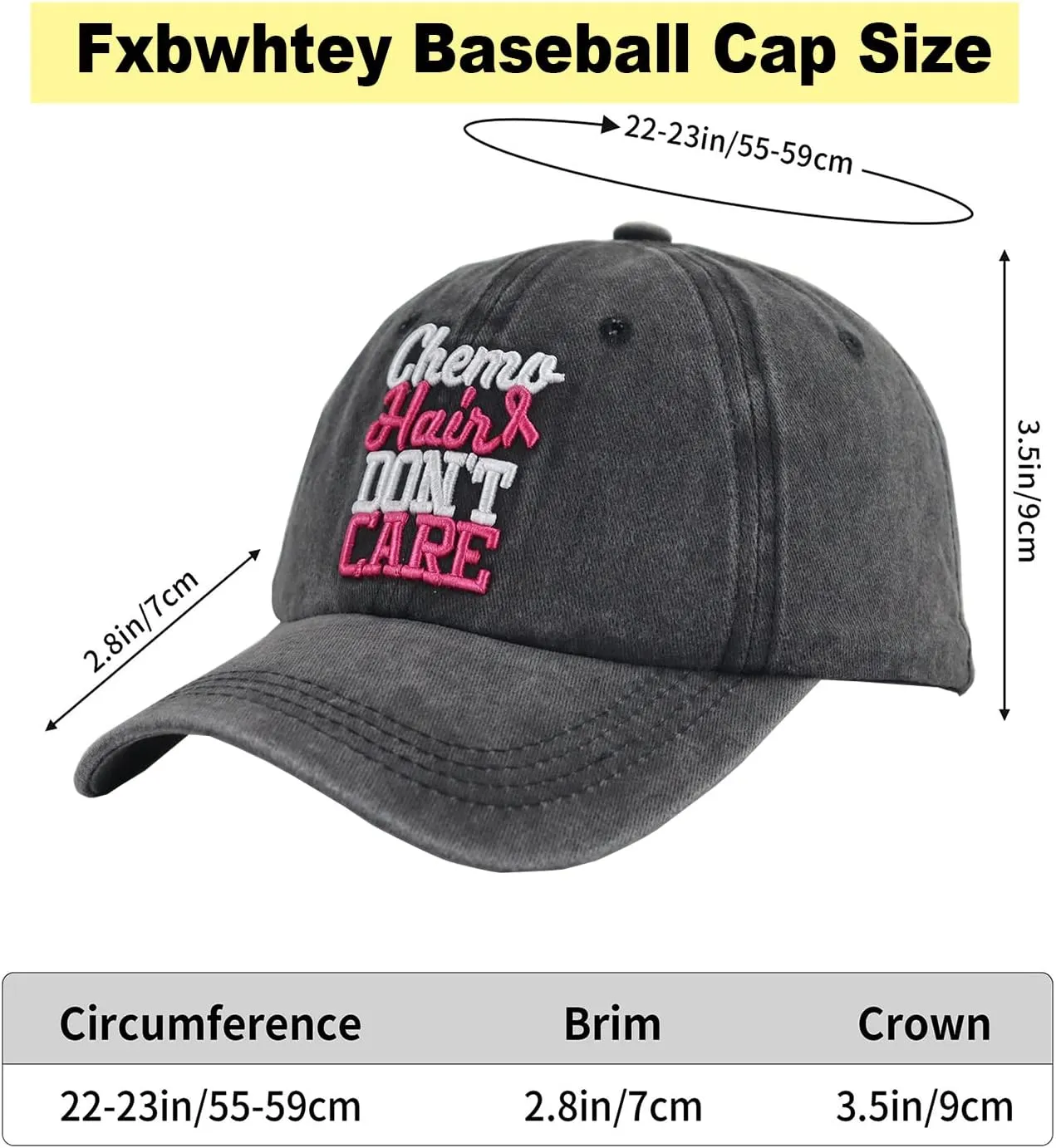 Chemo Hair Don't Care Baseball Cap for Men Women, Adjustable Washed Cotton 3D Embroidered Pink Ribbon Hat