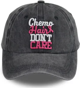 Chemo Hair Don't Care Baseball Cap for Men Women, Adjustable Washed Cotton 3D Embroidered Pink Ribbon Hat