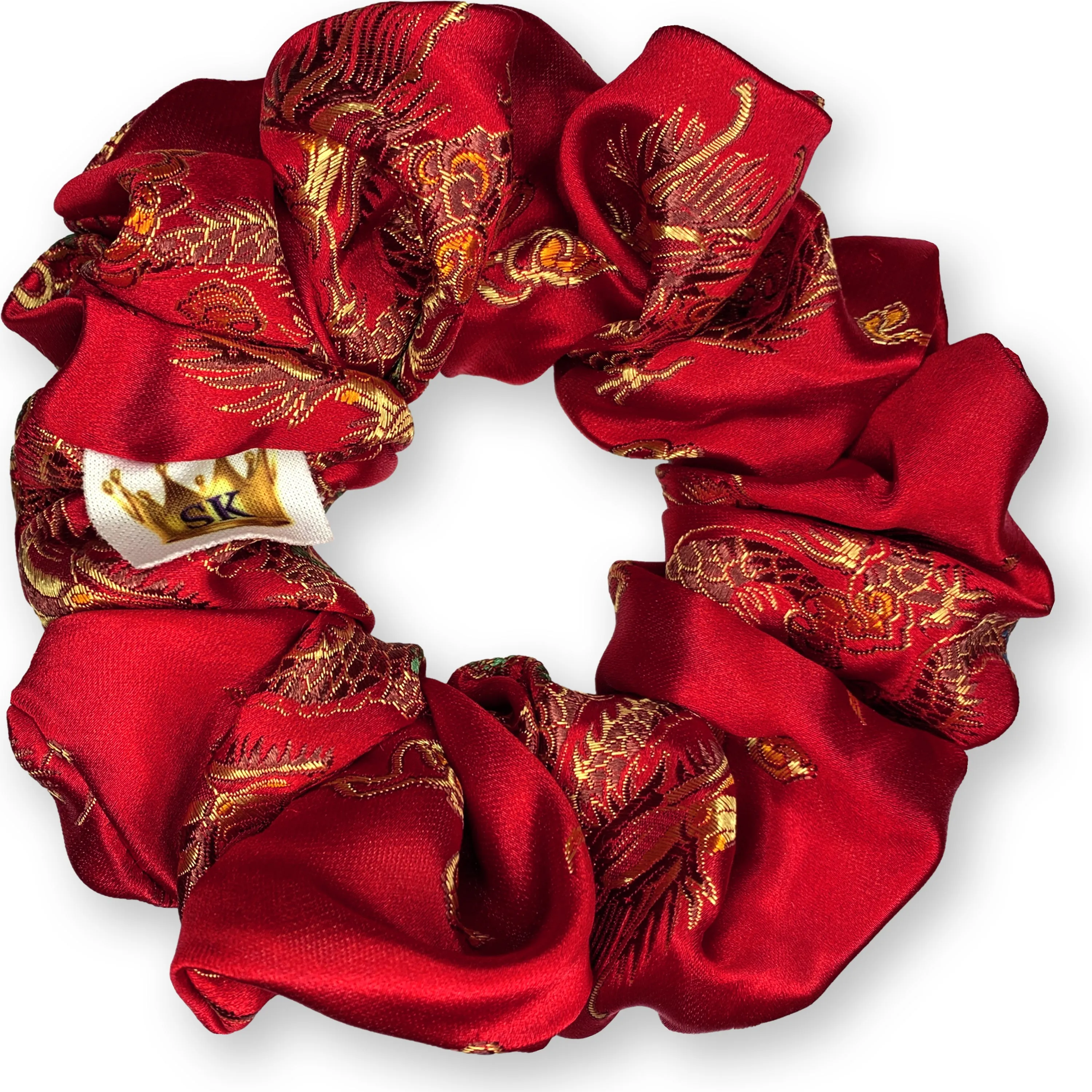 Chinese Dragon Scrunchies King Size XXL Brocade Satin Oversized Ponytail Holders Red