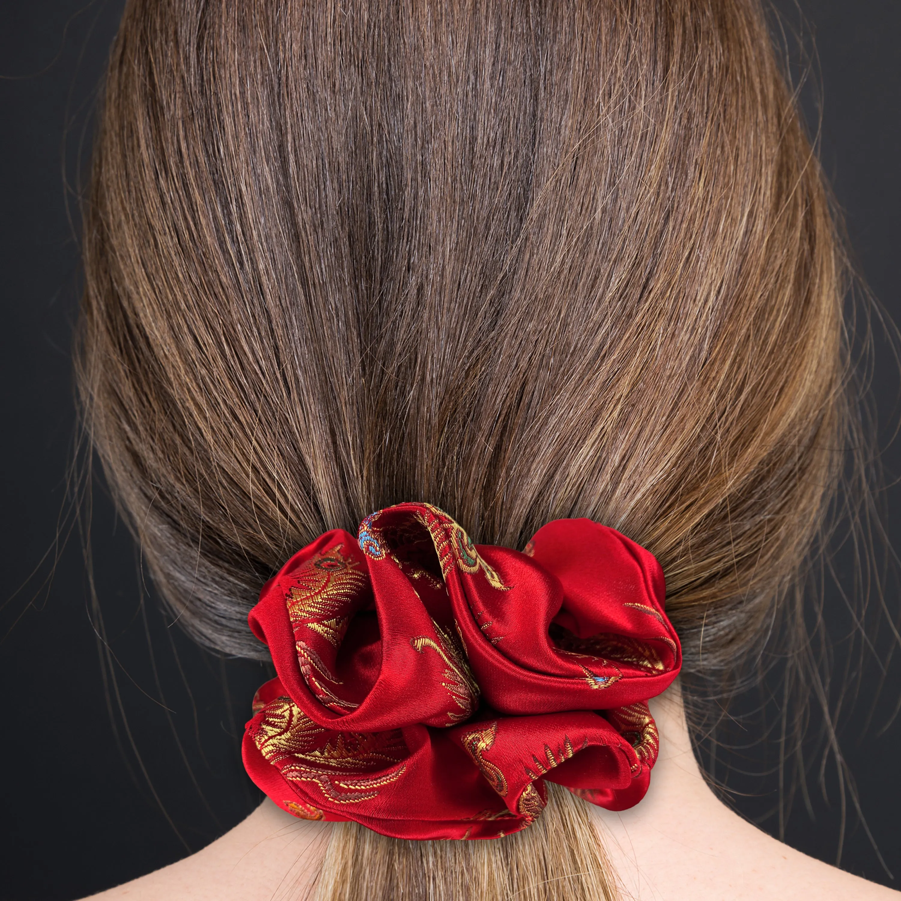 Chinese Dragon Scrunchies King Size XXL Brocade Satin Oversized Ponytail Holders Red