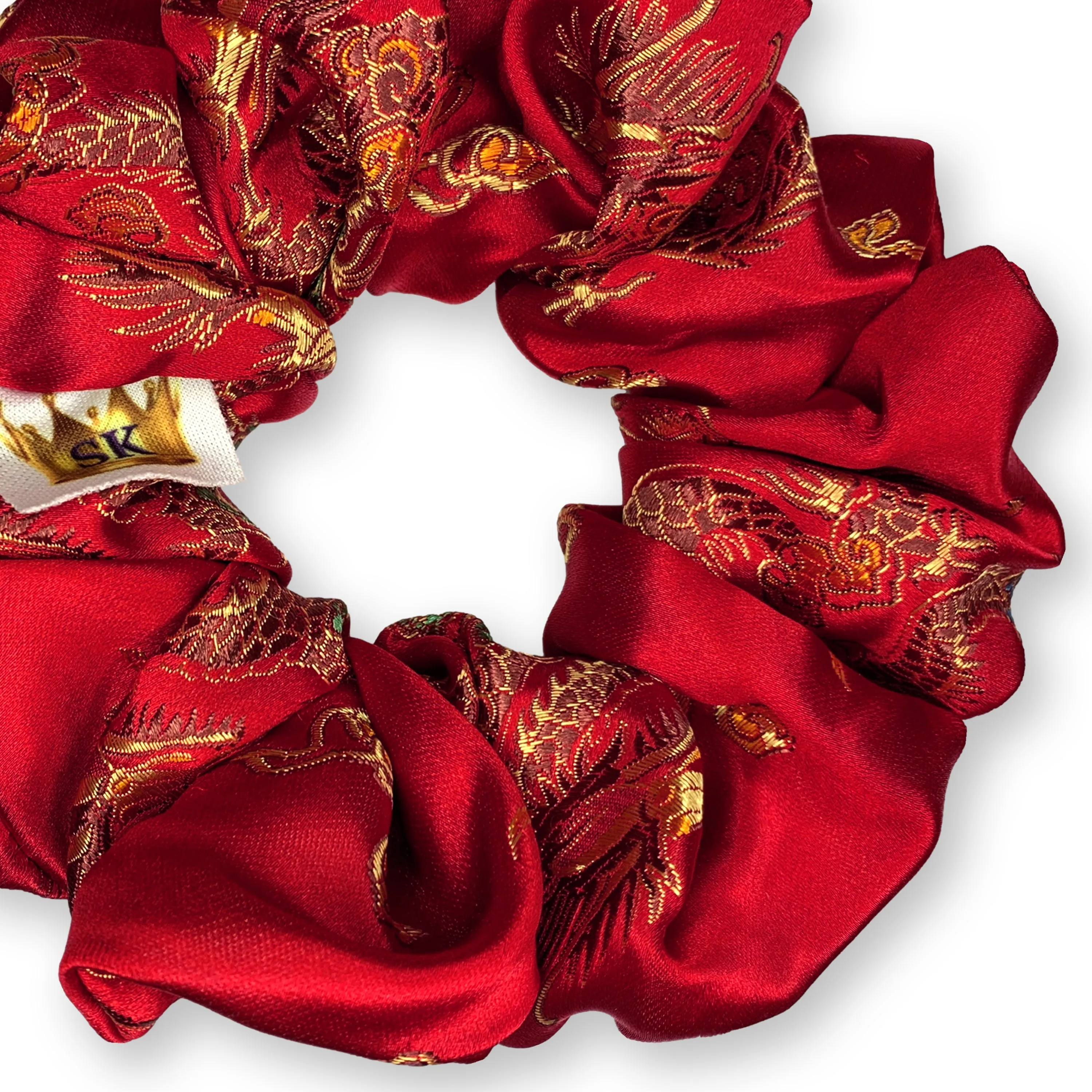 Chinese Dragon Scrunchies King Size XXL Brocade Satin Oversized Ponytail Holders Red