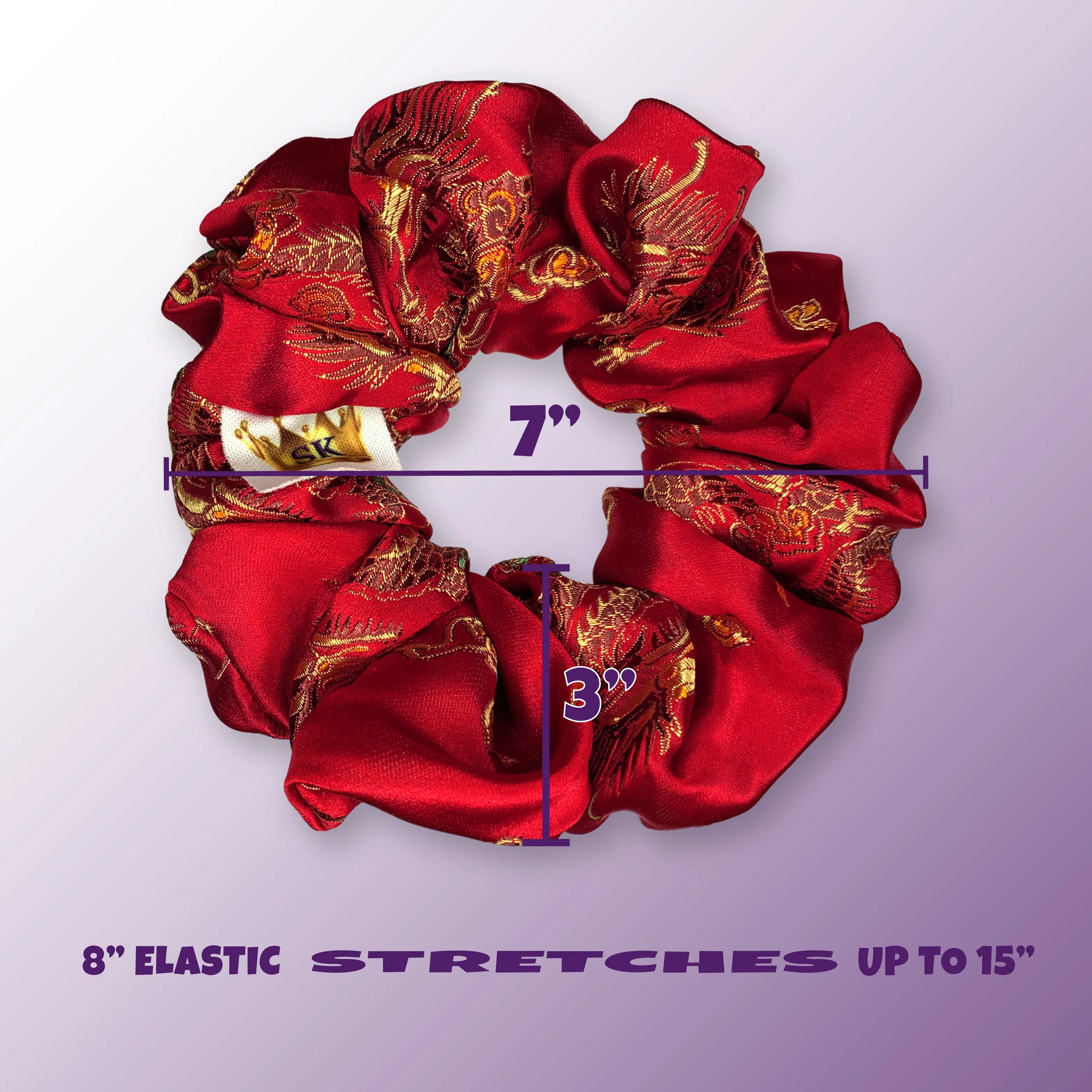 Chinese Dragon Scrunchies King Size XXL Brocade Satin Oversized Ponytail Holders Red