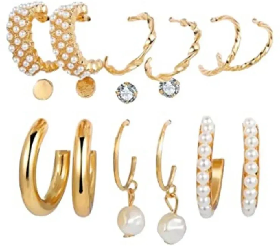 Combo 9 Pair Stunning Gold Plated Pearl Hoop Earrings Alloy Hoop Earring Brass Earring Set