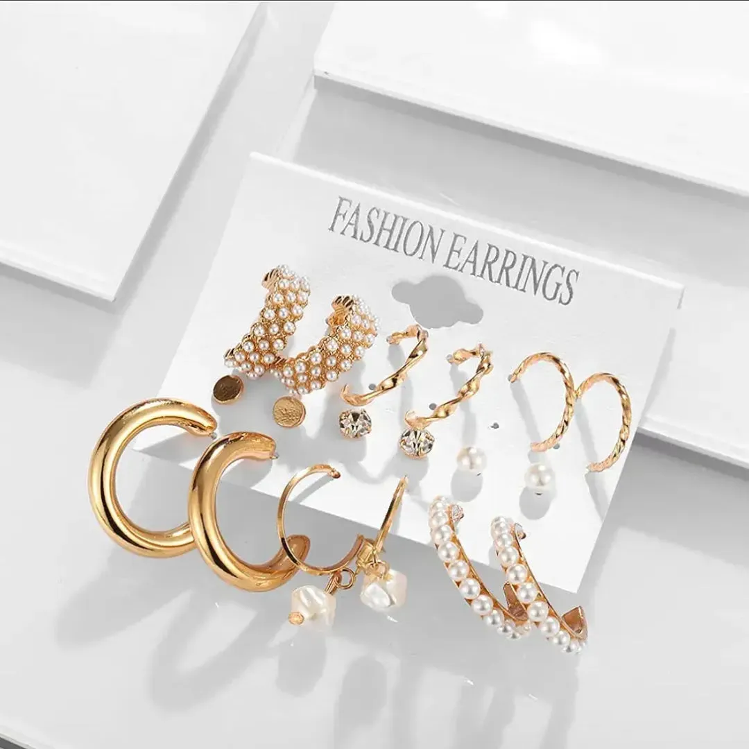 Combo 9 Pair Stunning Gold Plated Pearl Hoop Earrings Alloy Hoop Earring Brass Earring Set