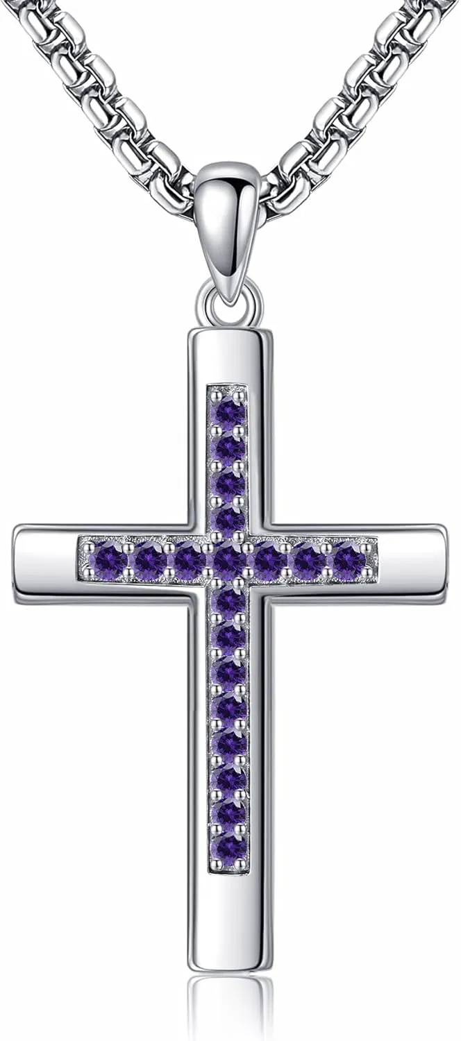 Cross Necklace for Women Men 925 Sterling Silver Cross Pendant Birthstone Jewelry Birthday Gifts for Mom, Dad, Husband, Wife, Friends