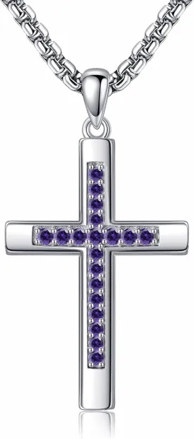 Cross Necklace for Women Men 925 Sterling Silver Cross Pendant Birthstone Jewelry Birthday Gifts for Mom, Dad, Husband, Wife, Friends