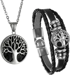Cupimatch Men Tree of Life Symbol Pendant Necklace Leather Bracelet, Stainless Steel 22 inch Chian Jewelry Set