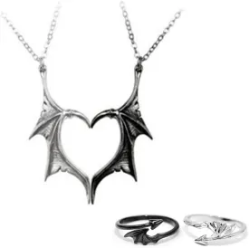 Demon Dragon Wing Love Heart Pendant Necklace Matching Charm Love Heart Feather Shaped Necklace Angel Devil Wings Rings Jewelry Set for Couple Family Friendship