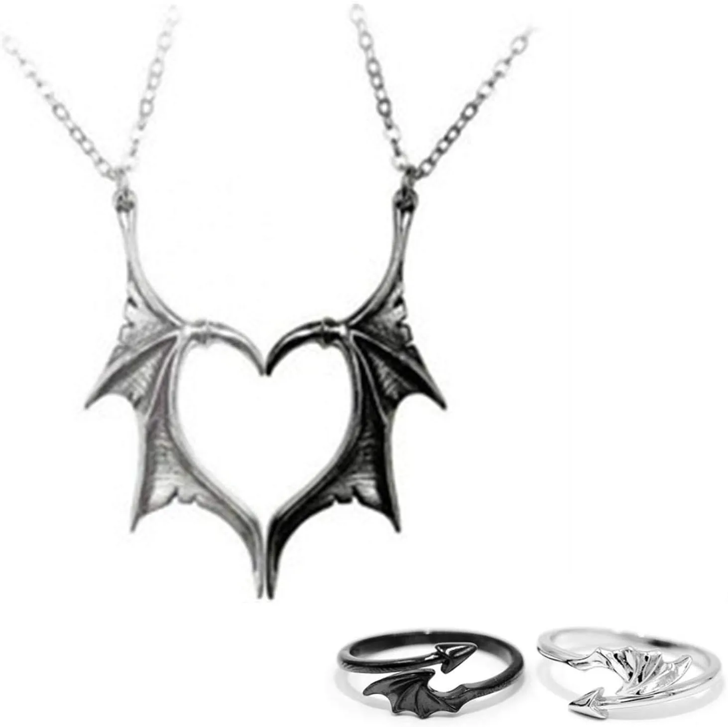 Demon Dragon Wing Love Heart Pendant Necklace Matching Charm Love Heart Feather Shaped Necklace Angel Devil Wings Rings Jewelry Set for Couple Family Friendship