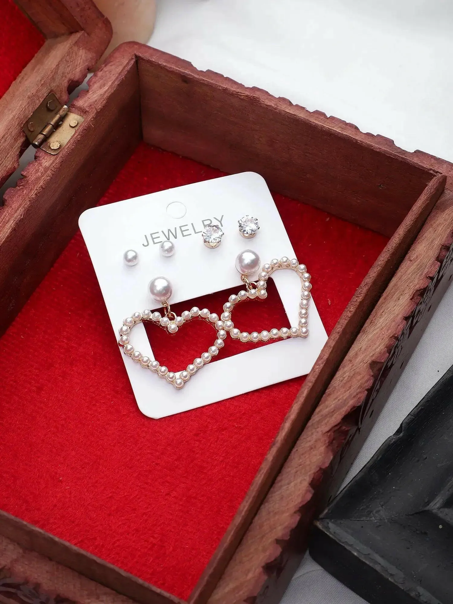 Exclusive Latest Luxury Stylish Korean Design Pearl Décor Heart Drop Earring Set Cubic Zirconia Alloy Drops & Danglers - Pair Of 3