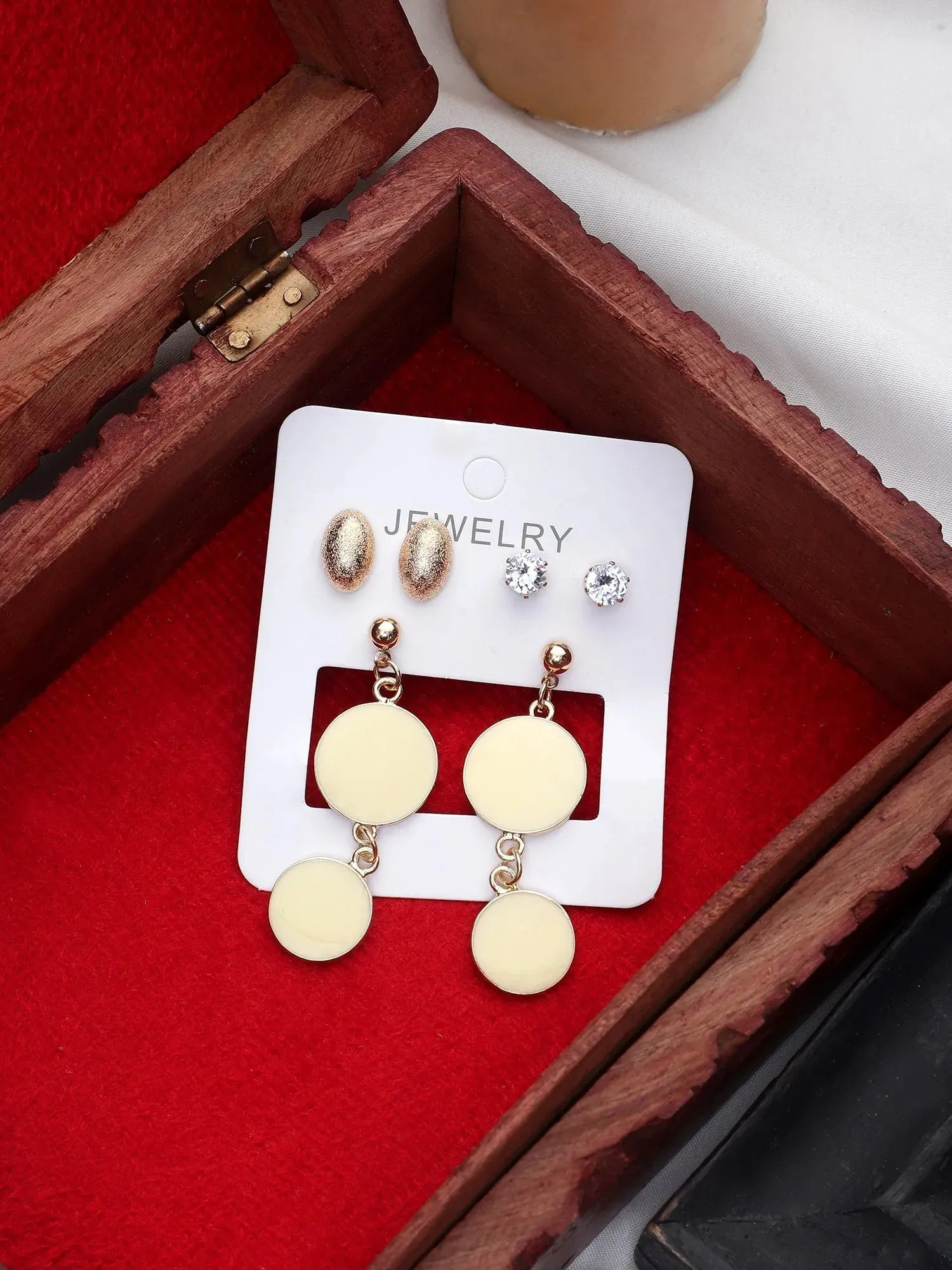 Exclusive Luxury Stylish Party Wear Korean Design Round Stick Coin Drop Earrings Cubic Zirconia Alloy Drops & Danglers - Pair Of 3