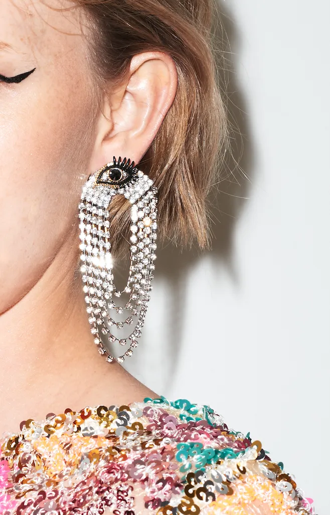 EYE STUD GLASS CRYSTAL CHAIN DROP EARRINGS