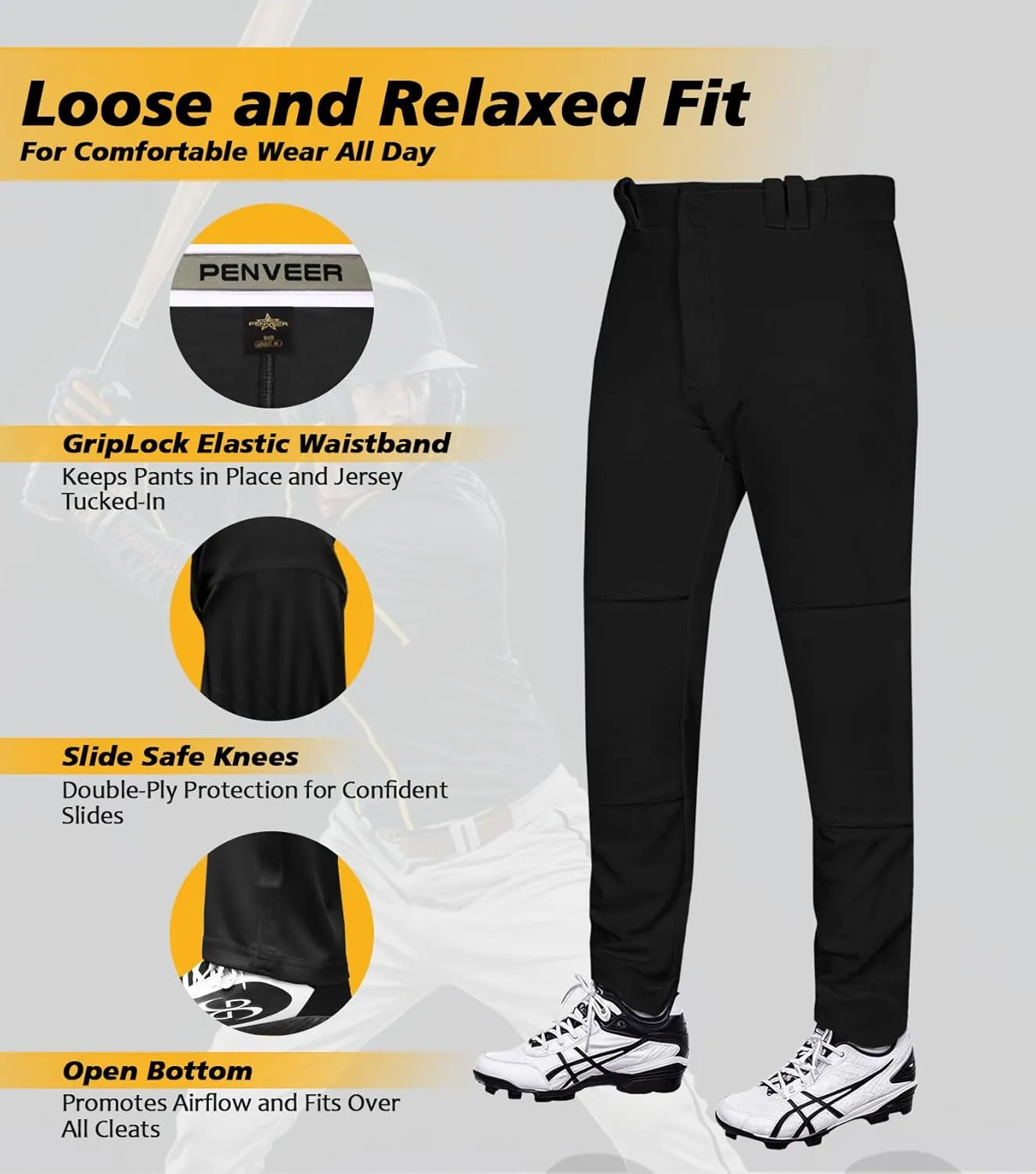 Full Length Men's Baseball Pants, Open Bottom, Loose Fit Adult Baseball Pants with Adjustable Length