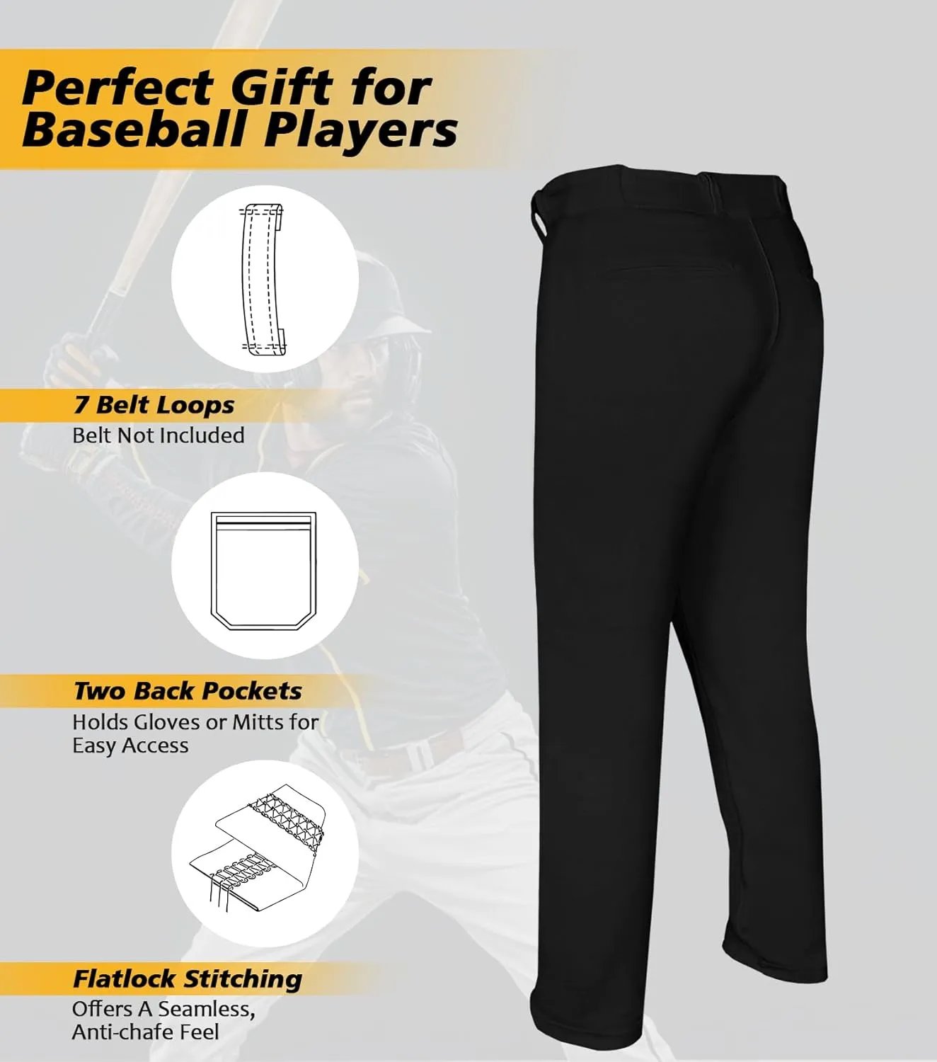 Full Length Men's Baseball Pants, Open Bottom, Loose Fit Adult Baseball Pants with Adjustable Length